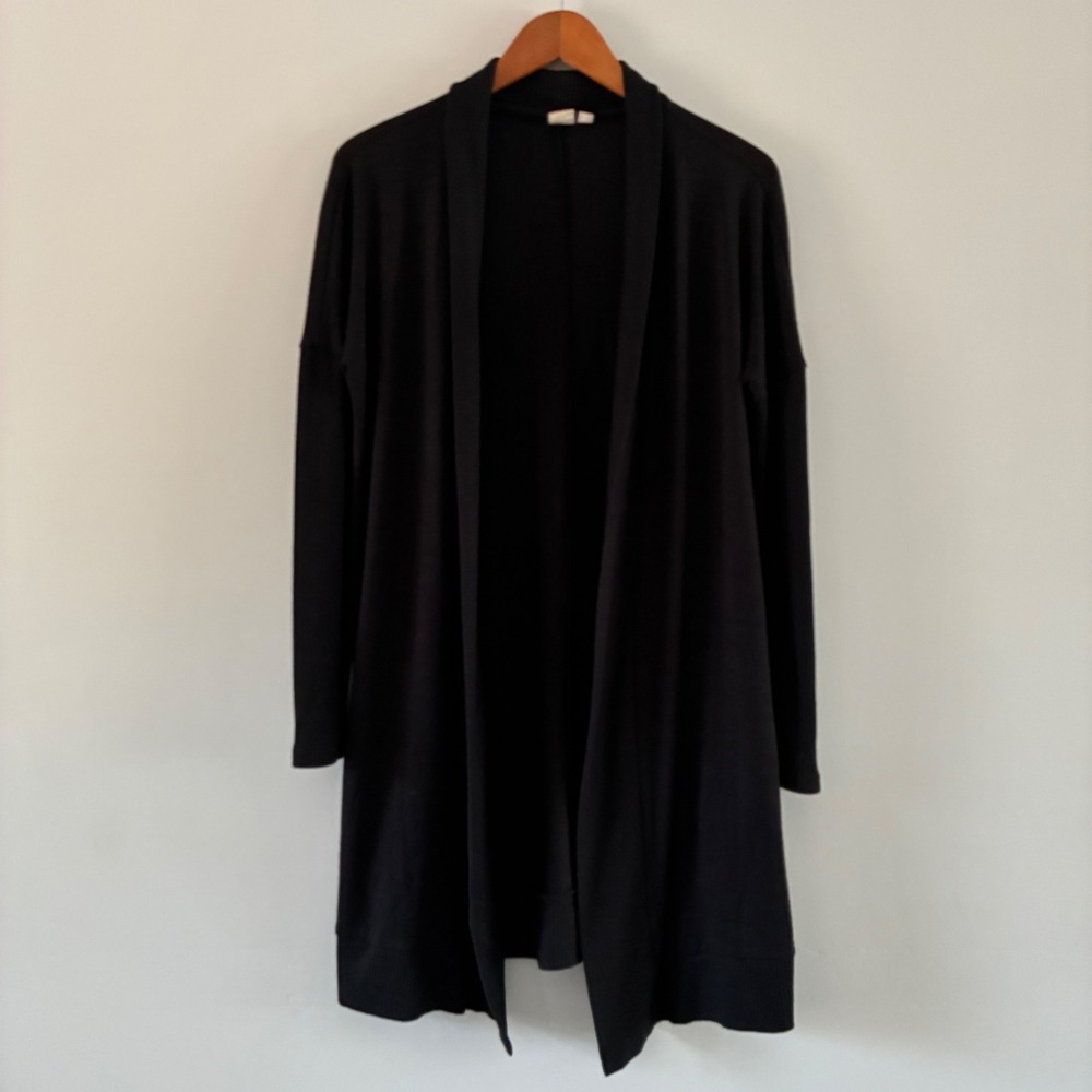 Gap Cardigan Womens Small Black Open Front Longline Ribbed Sleeve Shawl Collar